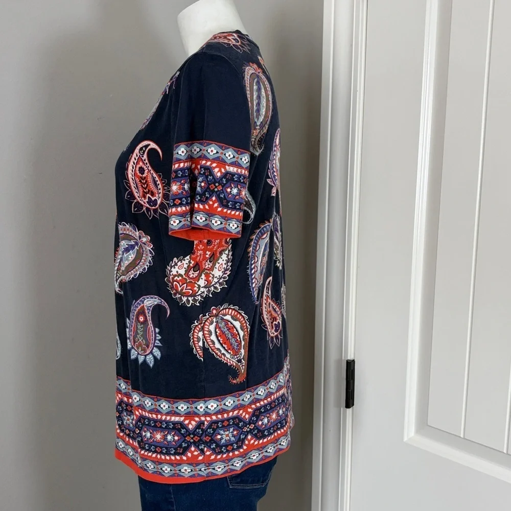 Tory Burch Dapper Paisley Print Short Sleeve TShirt Navy Blue Sz M
